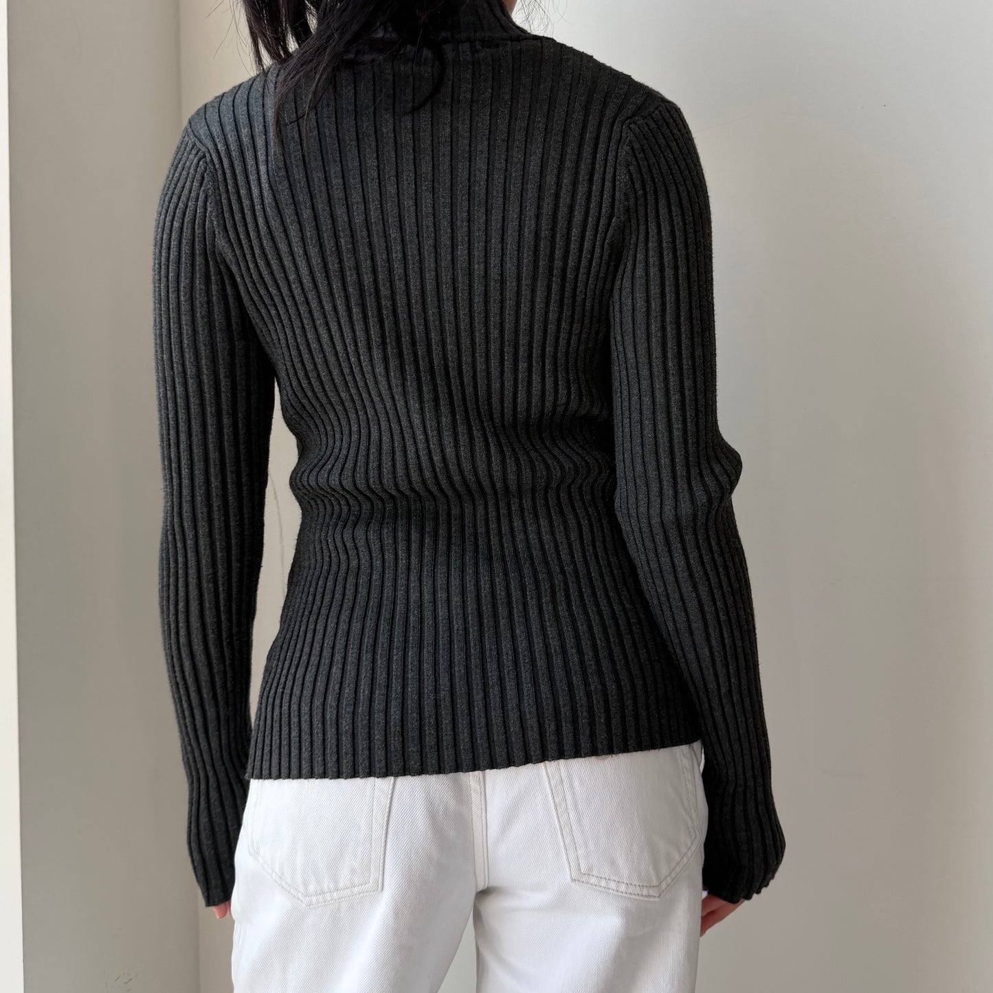 Belldini Charcoal Rib Knit Eyelet Zip Cardigan - Medium