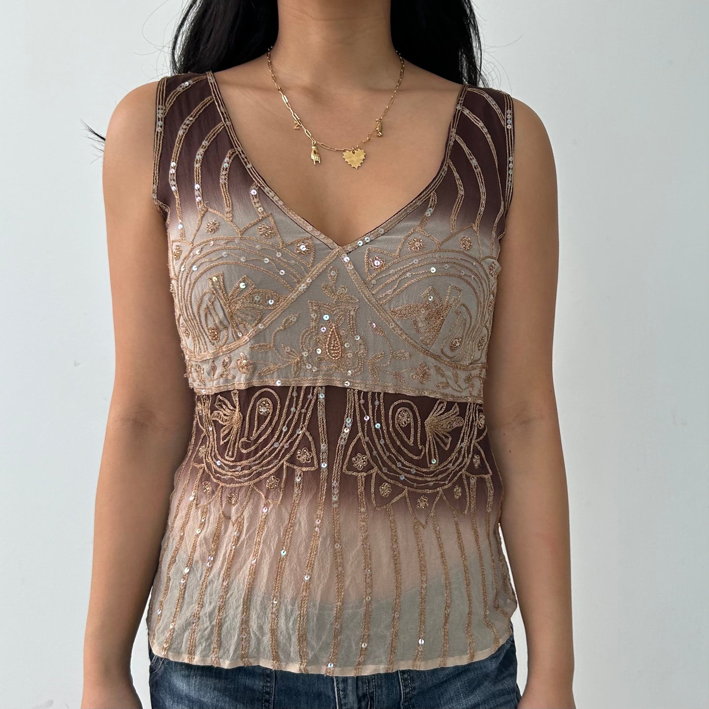 Debbie Shuchat Brown Silk Beaded Top - Small