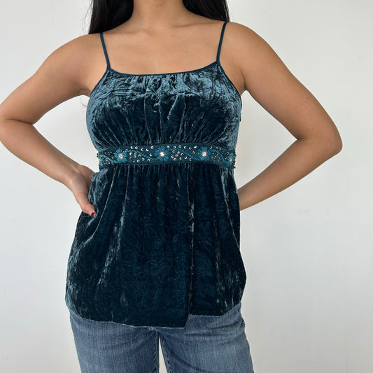 Teal Silk-Blend Velvet Tank with Beaded Embellishments - X-Small