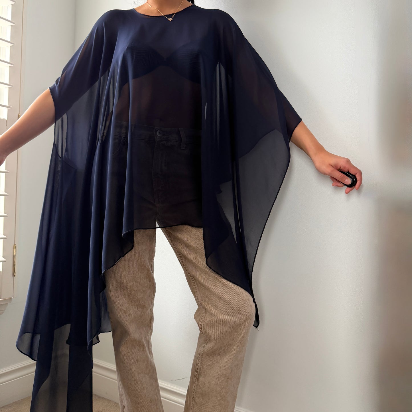 Elie Tahari Navy Sheer Asymmetric Chiffon Poncho