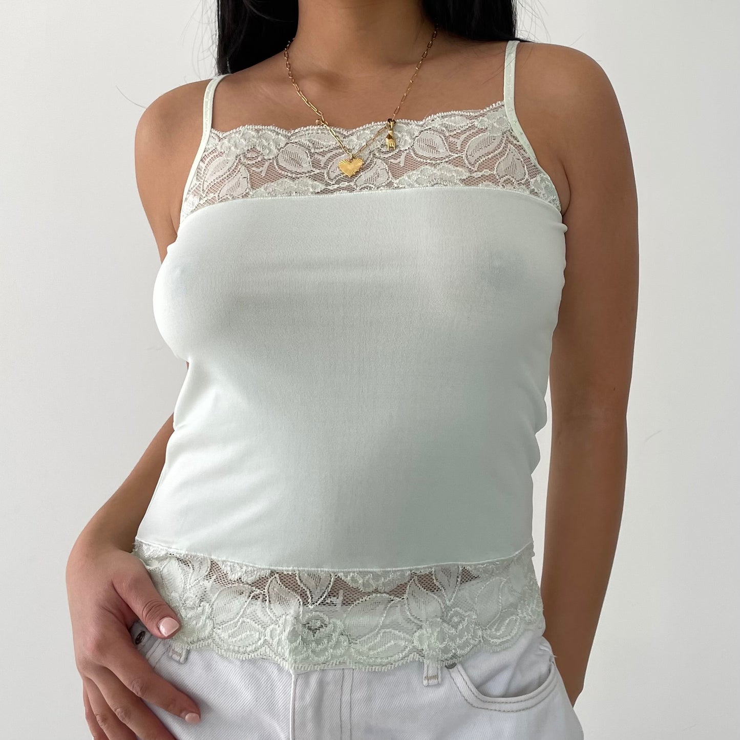 Pale Green Square Neck Lace Cami - Small