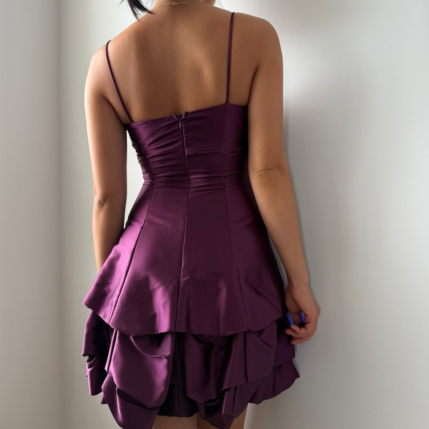 90s Made in USA Fiesta Purple Satin Tiered Ruffle Mini Dress - XX-Small
