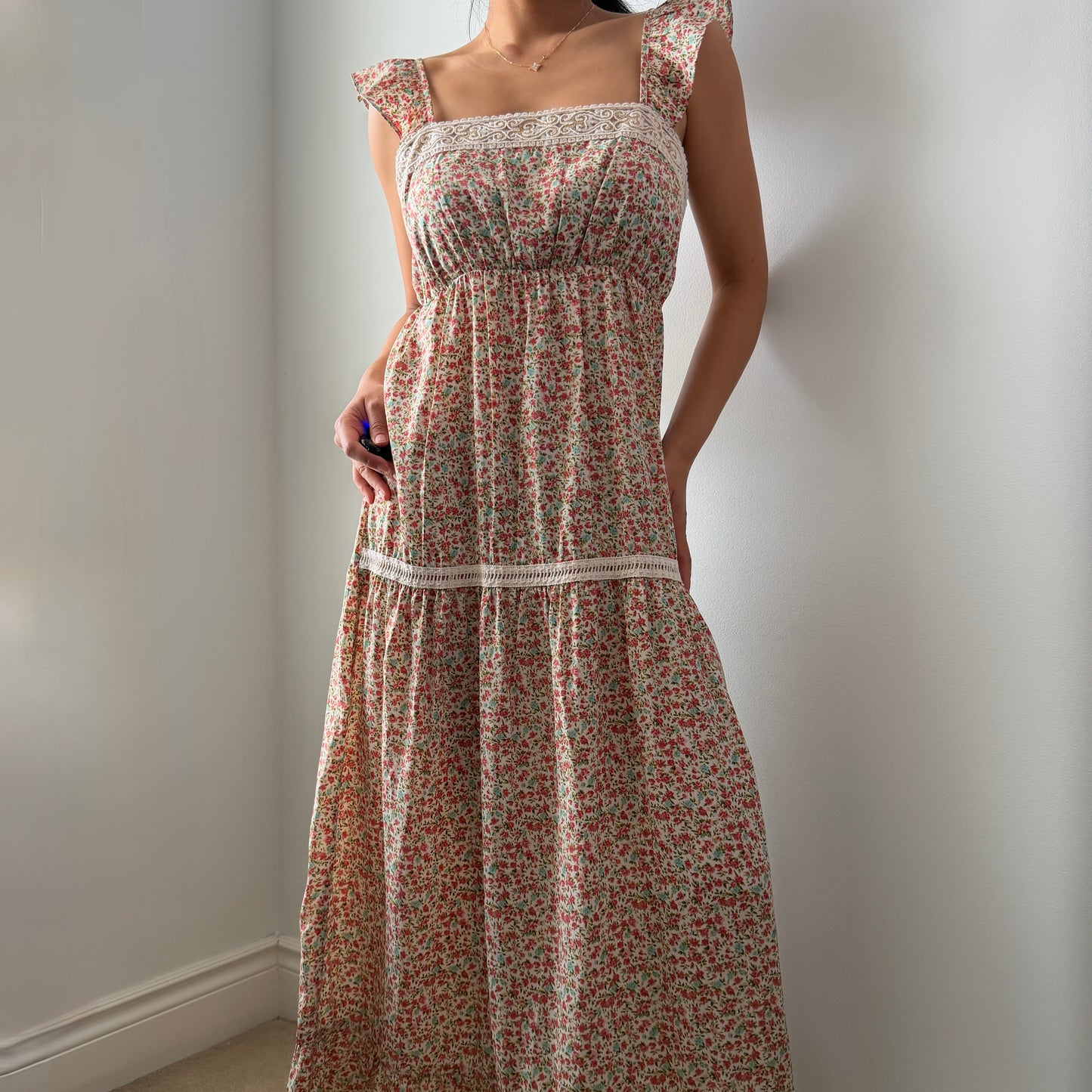 Floral Lace-Trim Tiered Maxi Dress - Medium