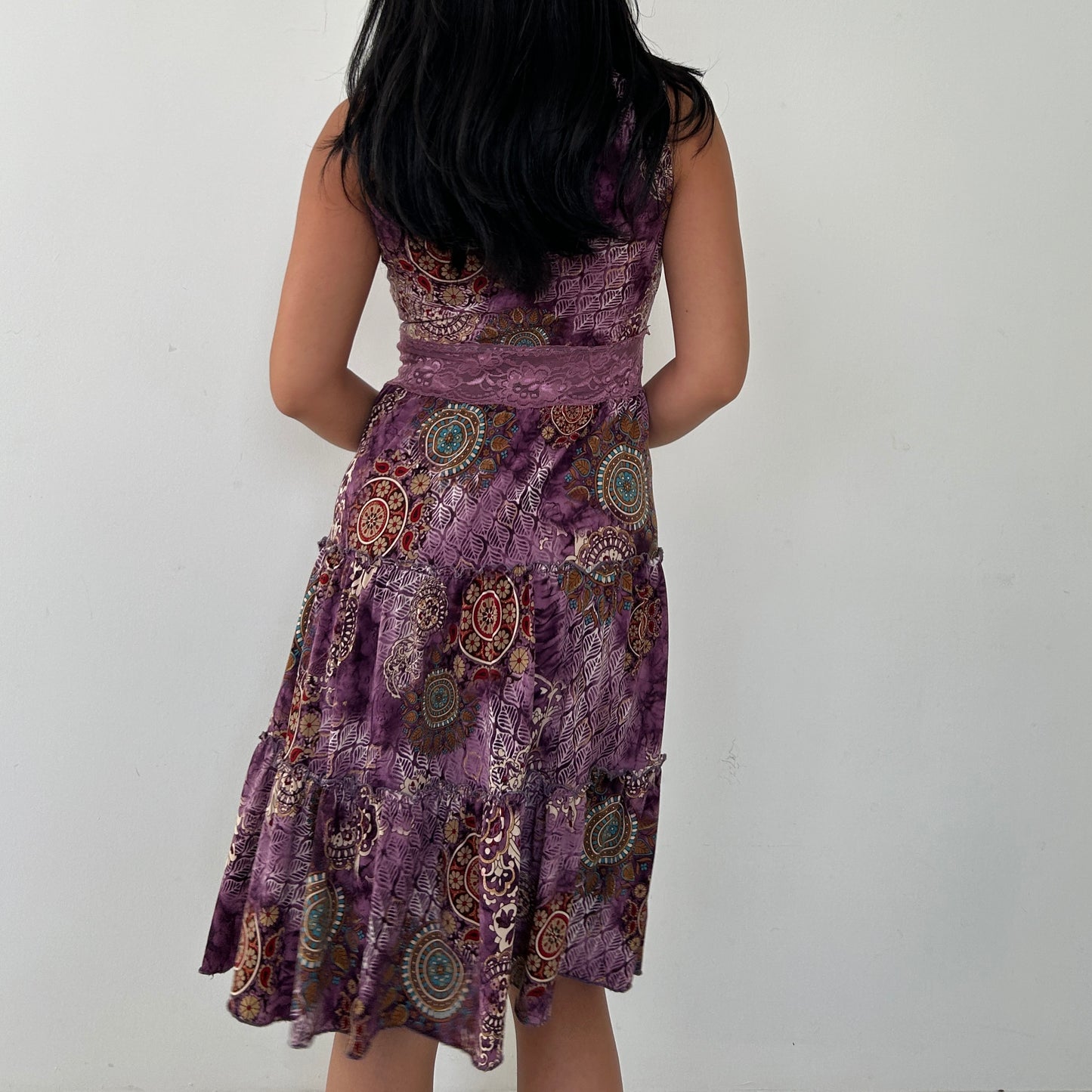 Purple Patterned Dress with Beaded Clasp - Small