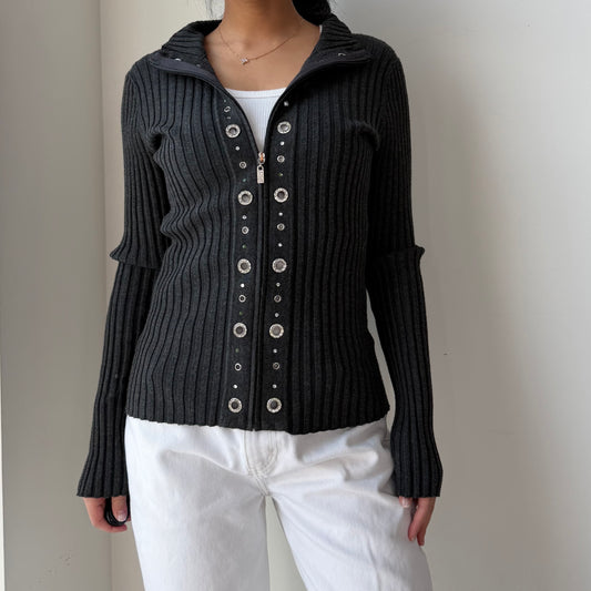 Belldini Charcoal Rib Knit Eyelet Zip Cardigan - Medium