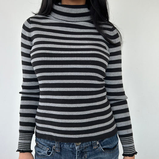 Black and Grey Striped Ribbed Knit Turtleneck Top - Medium