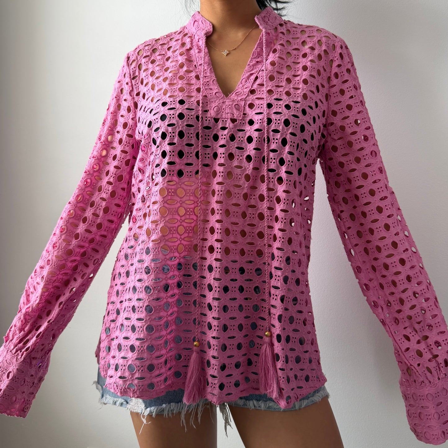 Calypso St. Barth Pink Long Sleeve Eyelet Top - Small