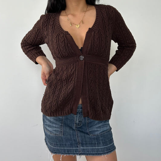 Brown Cable Knit V-Neck Tie Waist Babydoll Cardigan - Small