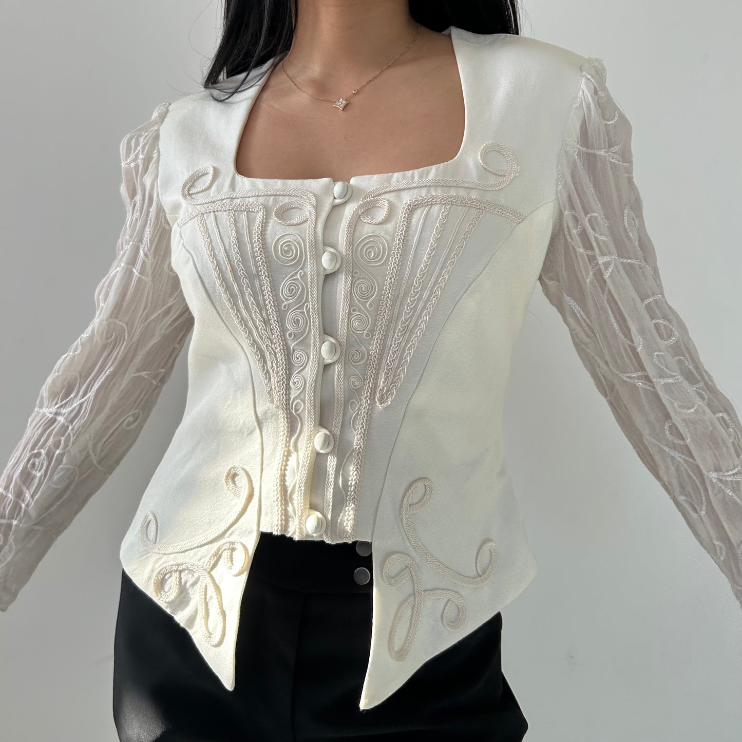 Vintage Made in Canada Cream Embroidered Blouse with Sheer Sleeves - Small