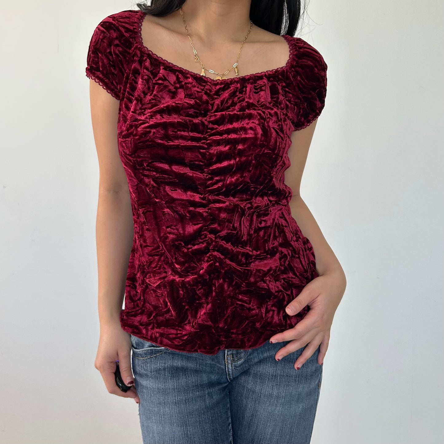 Vintage Made in Canada Deep Red Crushed Velvet Short-Sleeve Top - Large