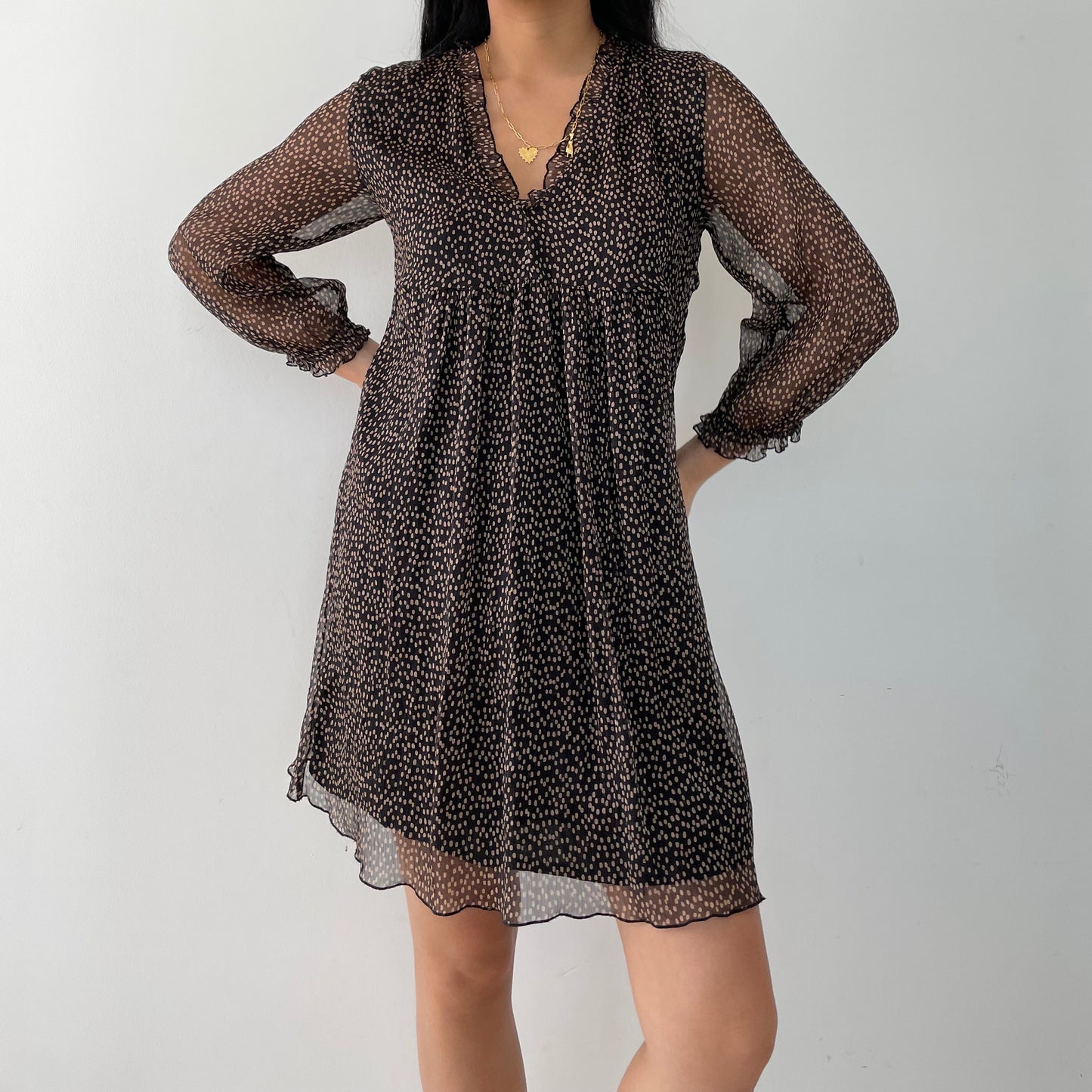 Zara Brown Polka Dot Long 3/4 Sleeve Babydoll Dress - Small