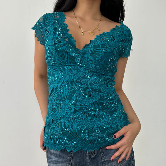 Le Château Teal Short Sleeve Lace Beaded Top - Small