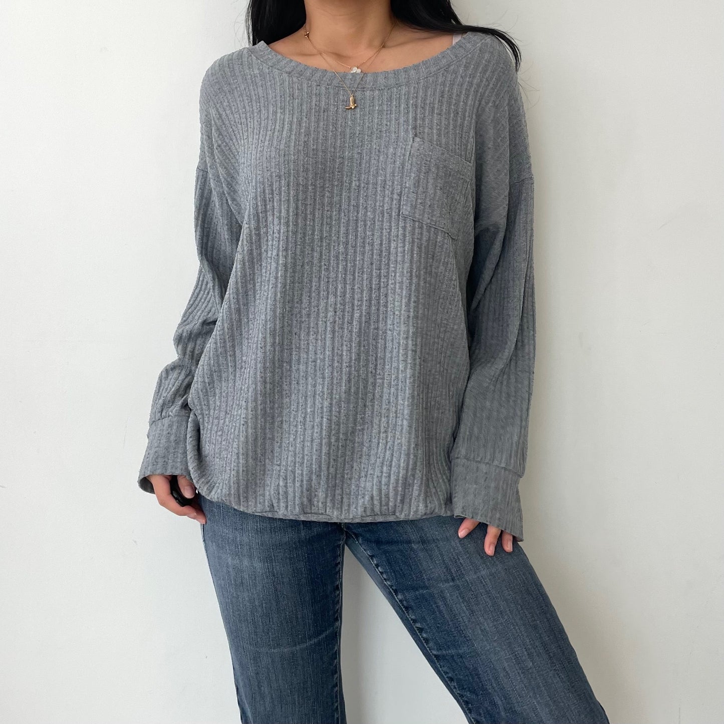 Eberjey Livid Grey Ribbed Long Sleeve Relaxed Knit Top - Large