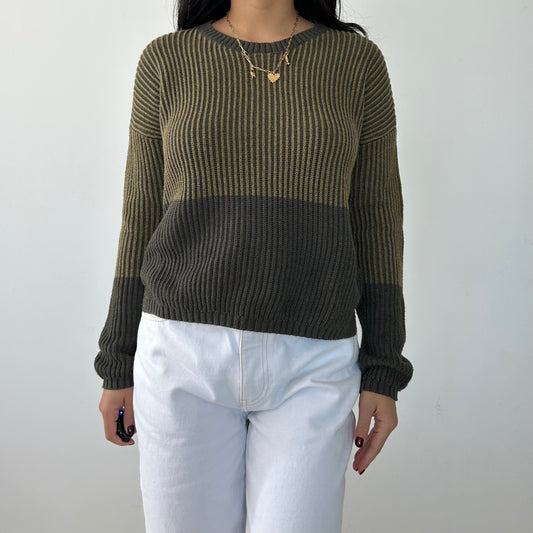 Green Colourblock Ribbed Crewneck Knit - Small