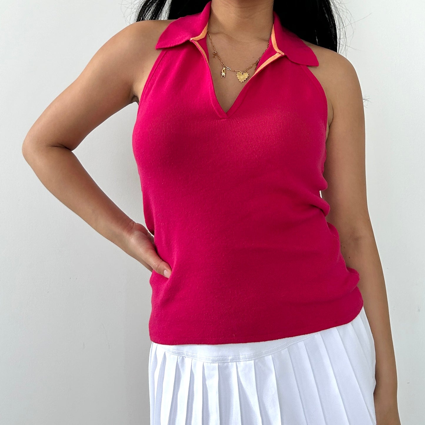 Pink Collared Backless Halter Vest - Small