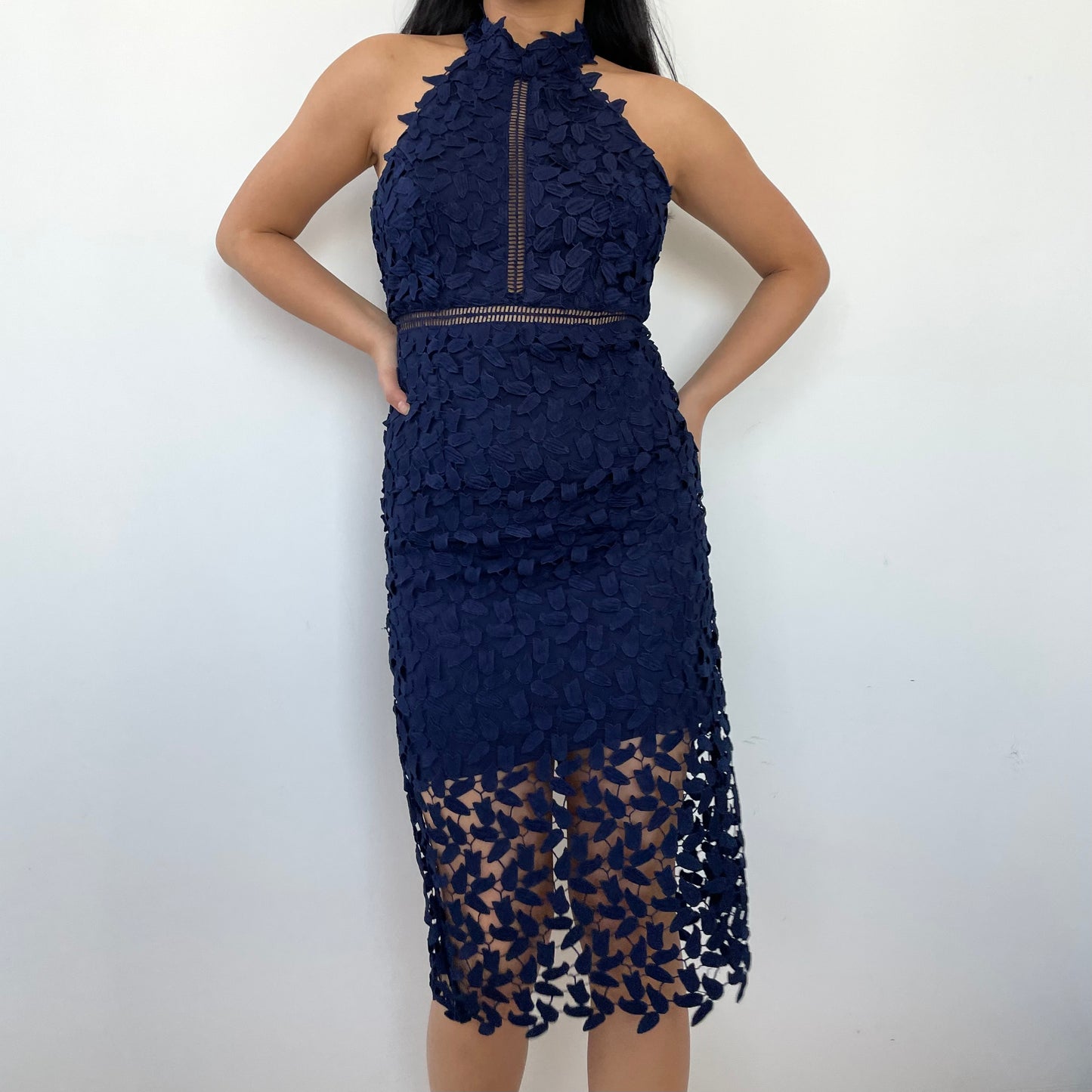 Bardot Dark Blue Lace Halter Cocktail Dress - Small