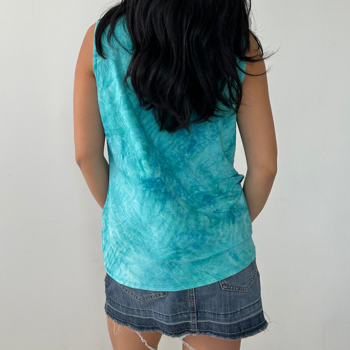 Vintage 90s Made in USA Turquoise Tie Dye Cowl Neck Tank - Large