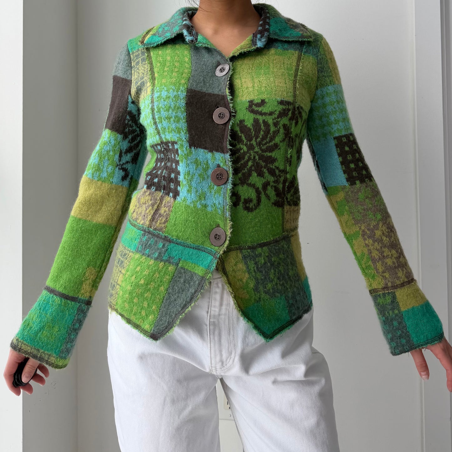 Aldo Martin’s Green Patchwork Knit Mohair Cardigan - Small
