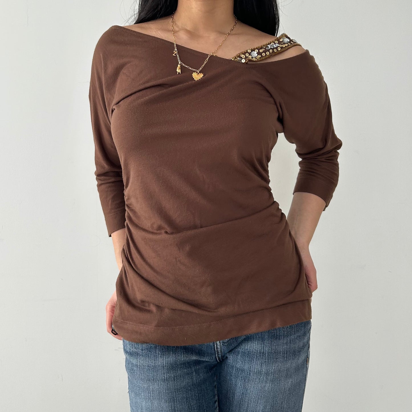 Guess Made in USA Brown Asymmetric Off Shoulder Top - Medium