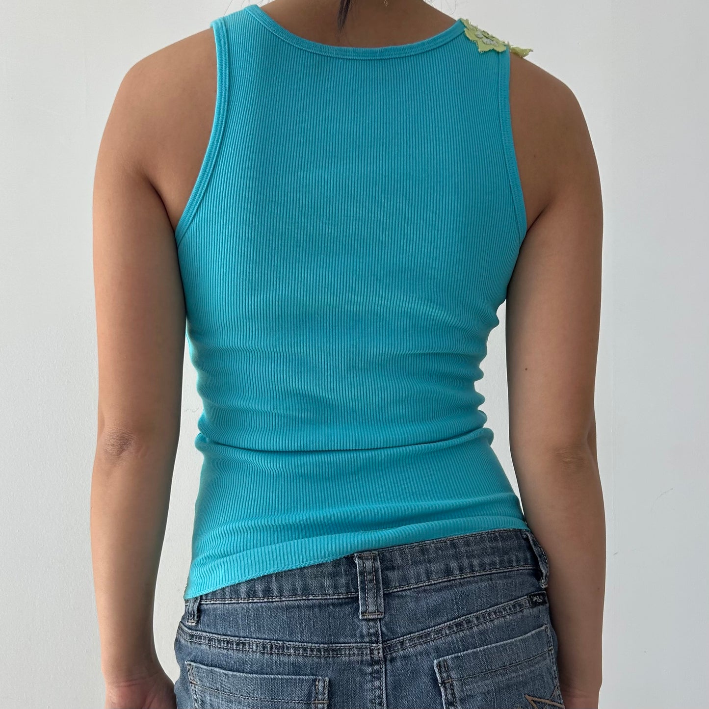 La Senza Blue Ribbed Tank with Lace Floral Appliqué - X-Small