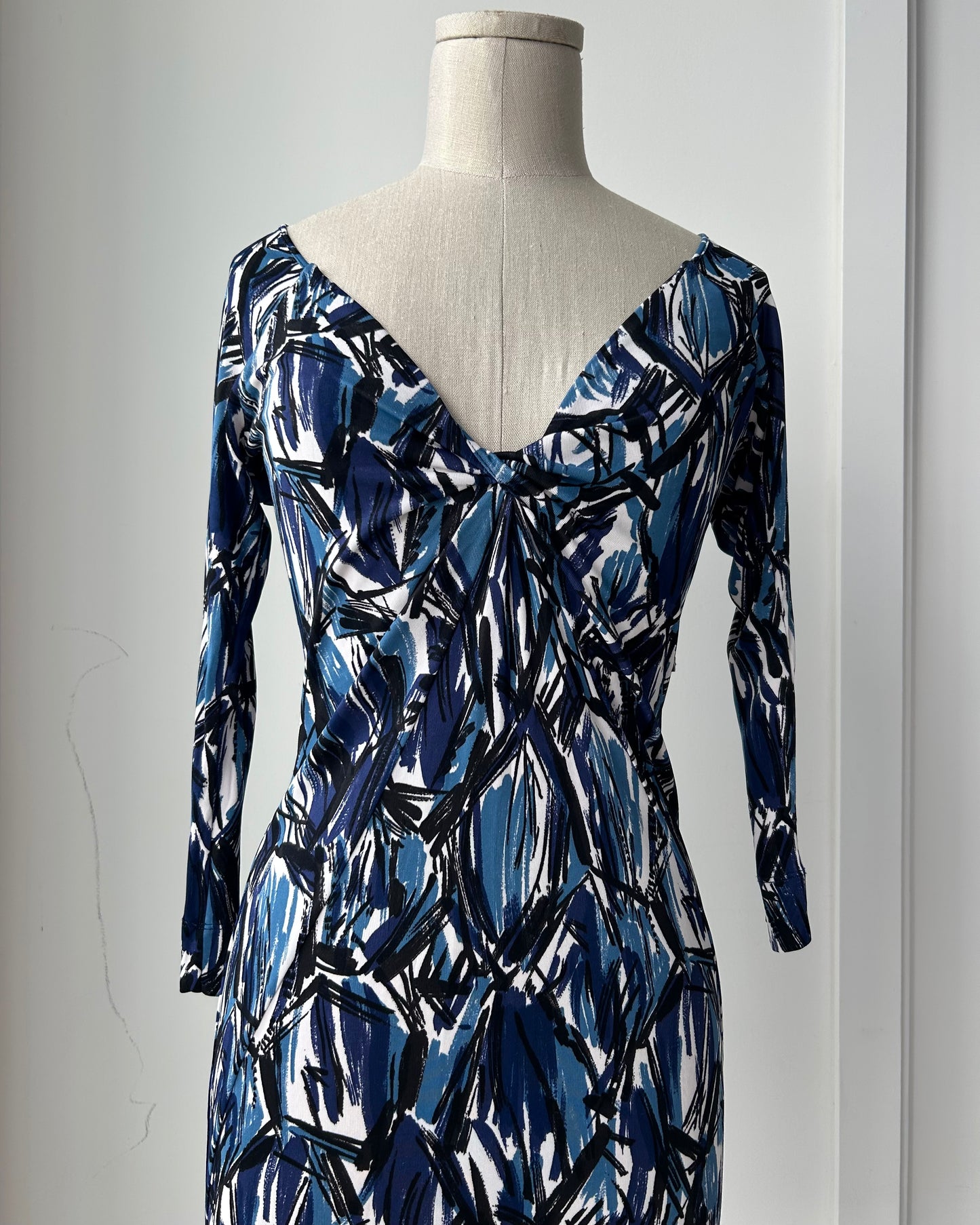 Early 2000s Miss Sixty Diamond Blue Abstract Print V-Neck Dress - Small