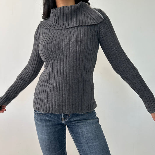 Jacob Grey Ribbed Chunky Knit Turtleneck Jumper - Medium