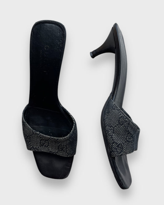 2000s Gucci by Tom Ford Black GG Canvas Kitten Heeled Mules - US 8B