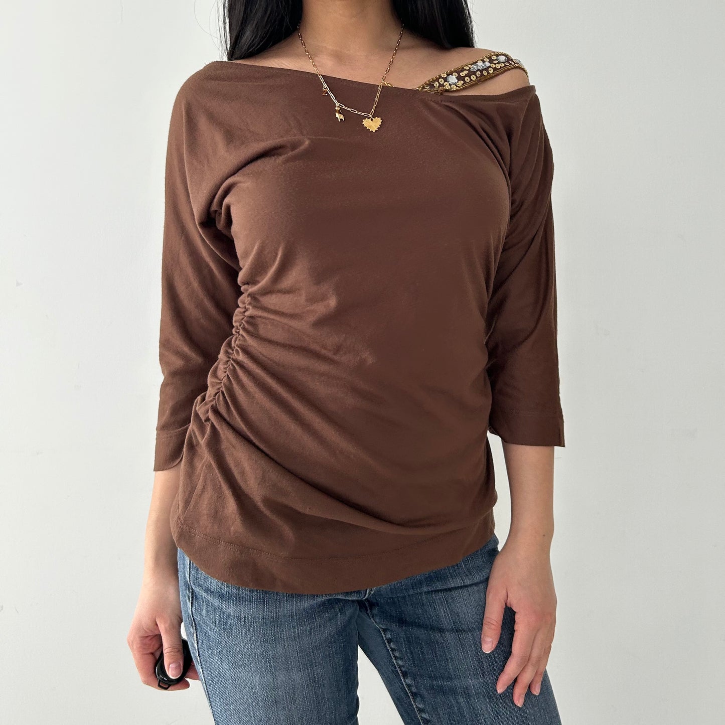 Guess Made in USA Brown Asymmetric Off Shoulder Top - Medium