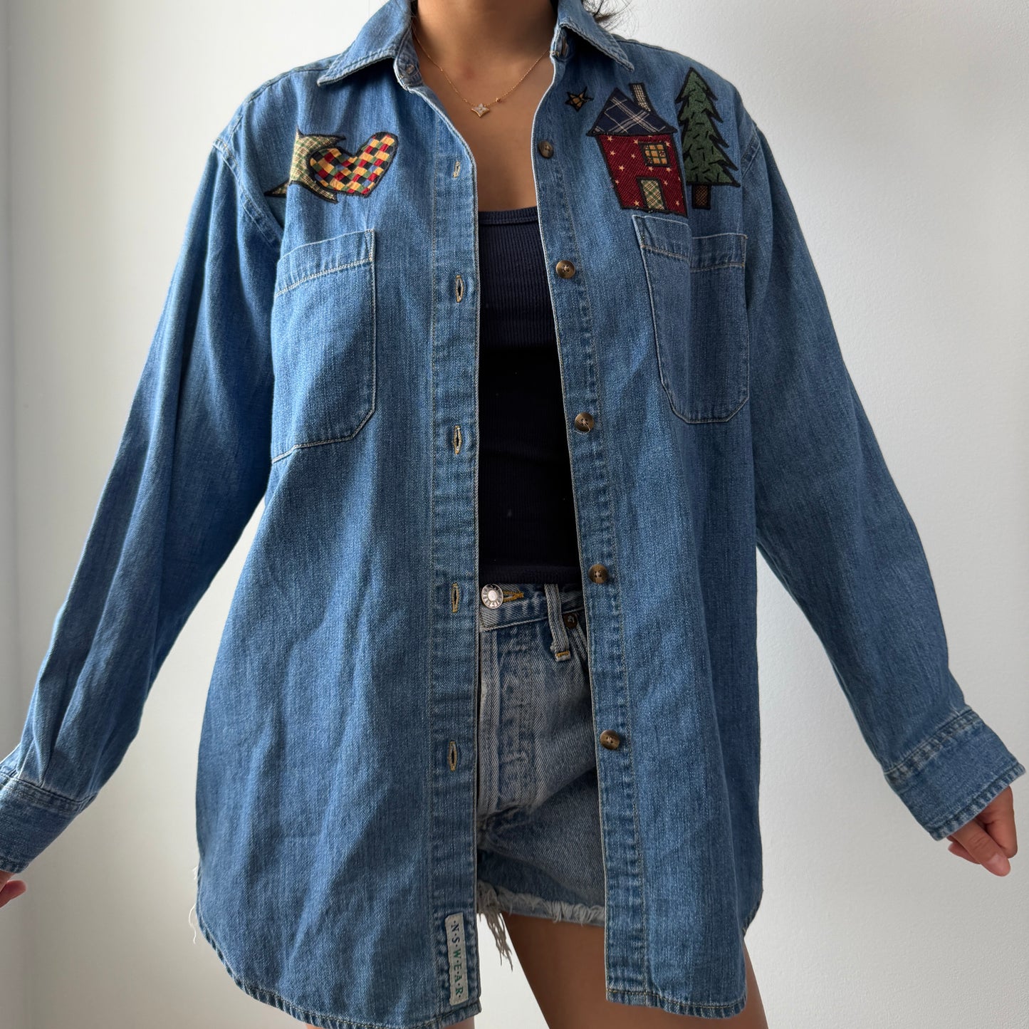 1990s Indigo Blues Embroidered Denim Shirt - Small