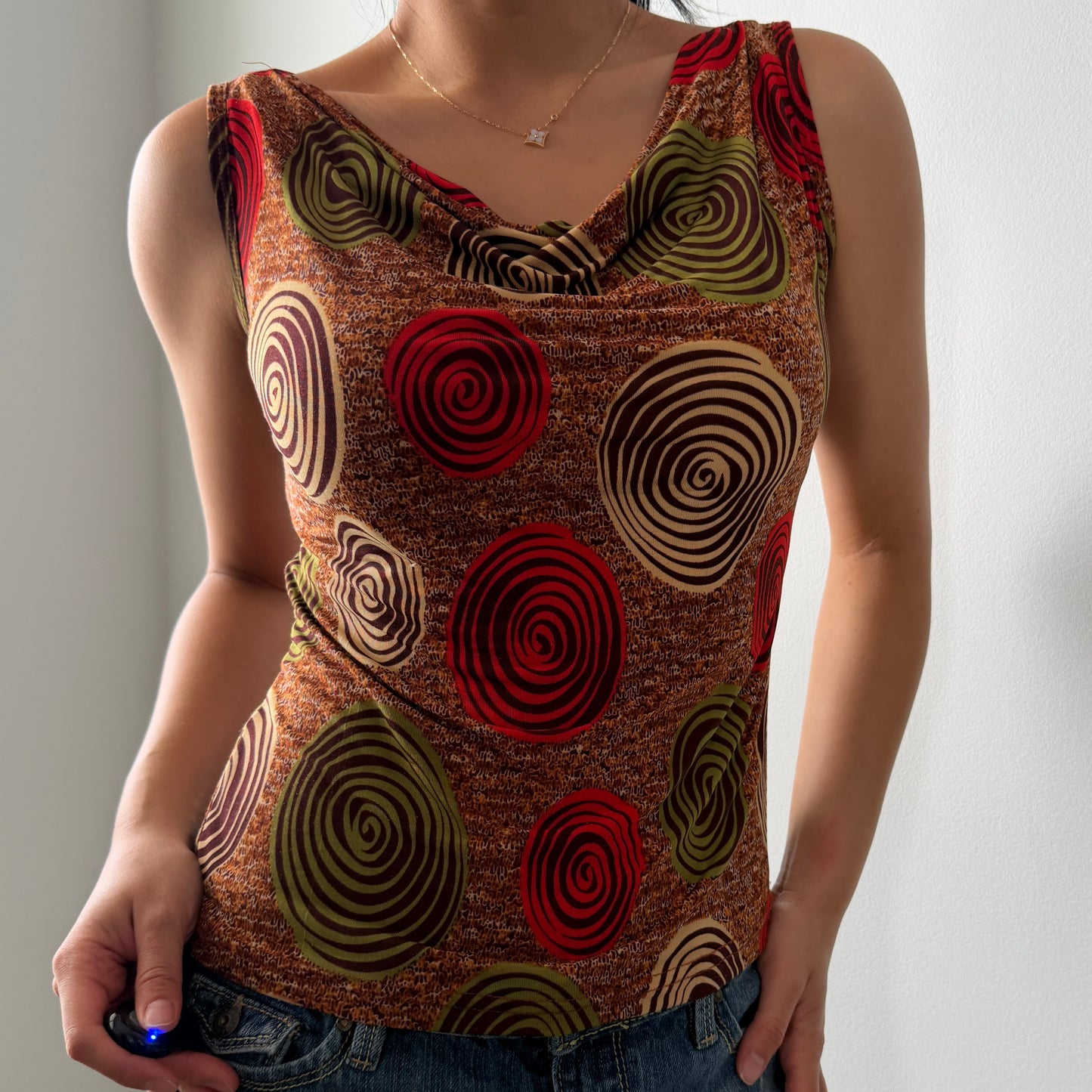 Earth Toned Printed Slinky Cowl Neck Tank - Small