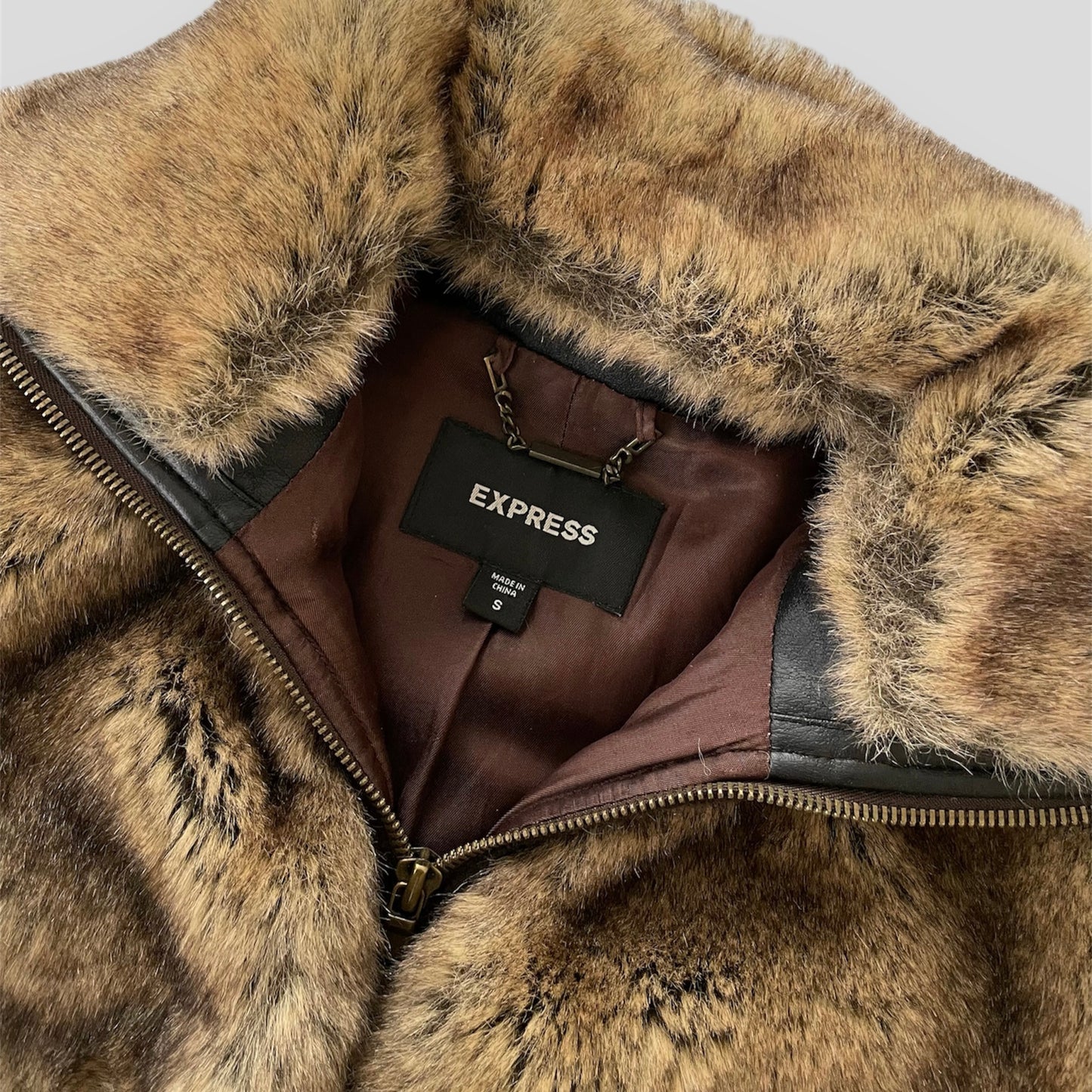 Express Brown Y2K Faux Fur Jacket - Small