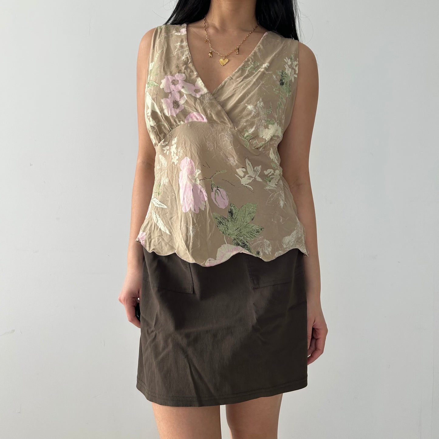 Beige Floral Silk Wrap Top - Medium