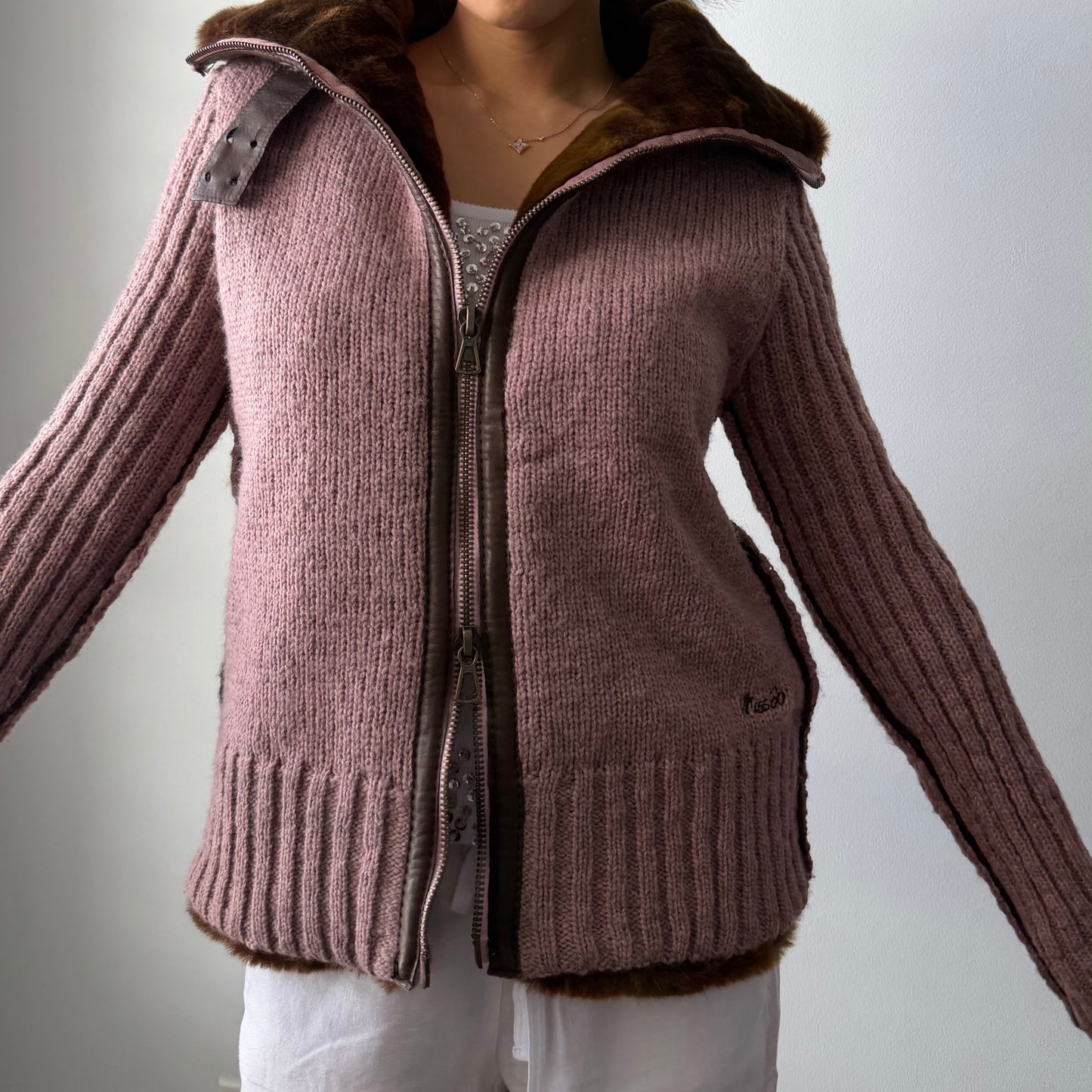 Miss Sixty Pink Wool Knit Faux Fur Trim Jacket - Large