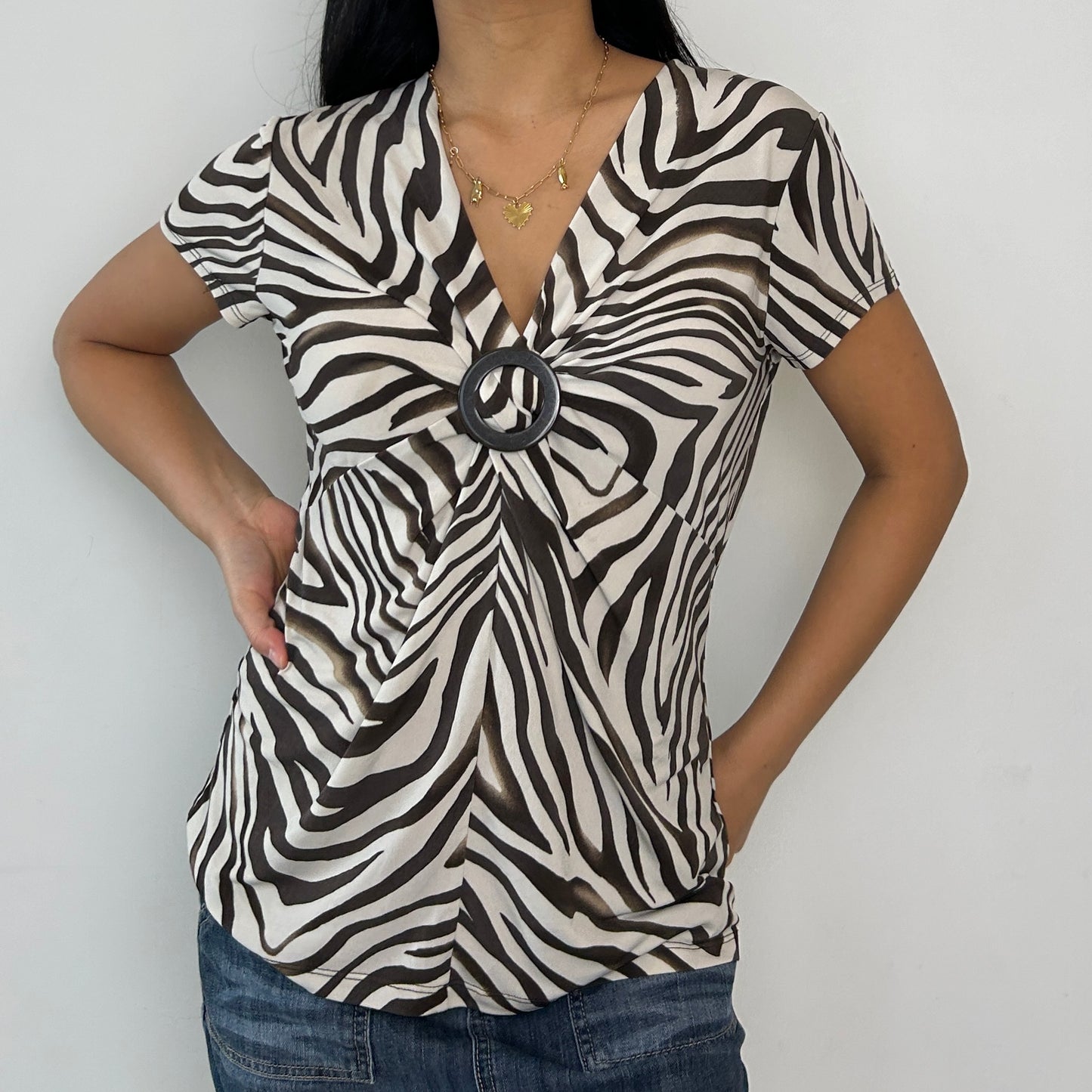 Brown Zebra Print O-Ring Blouse - Large