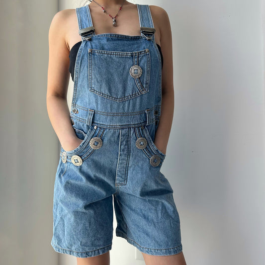 Concho Button Denim Short Overalls - Small