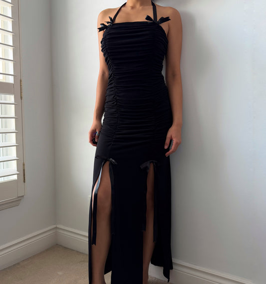90s Made in Canada Fairweather Black Bow-Detail Halter Maxi Dress - X-Small