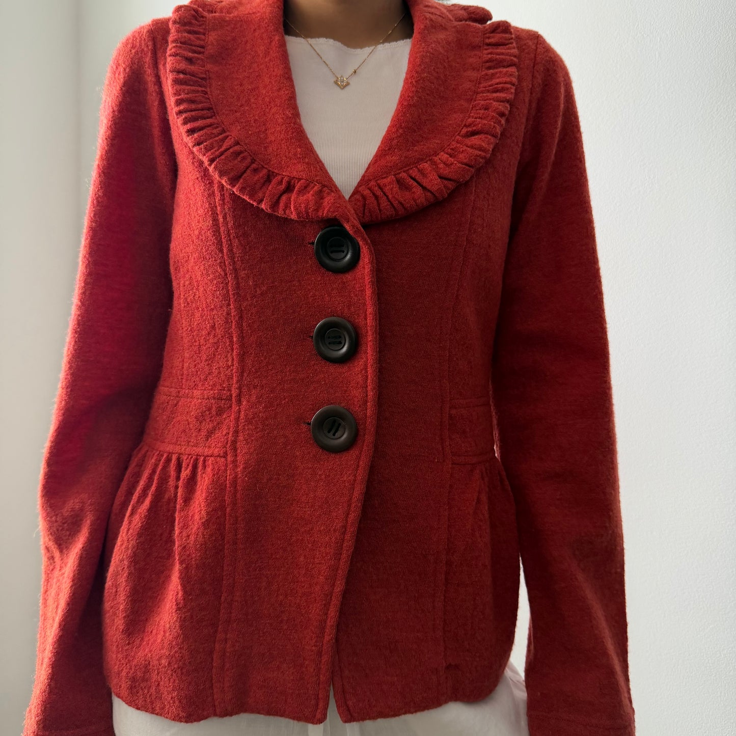 Rust Red Ruffle Collar Wool Jacket - Small
