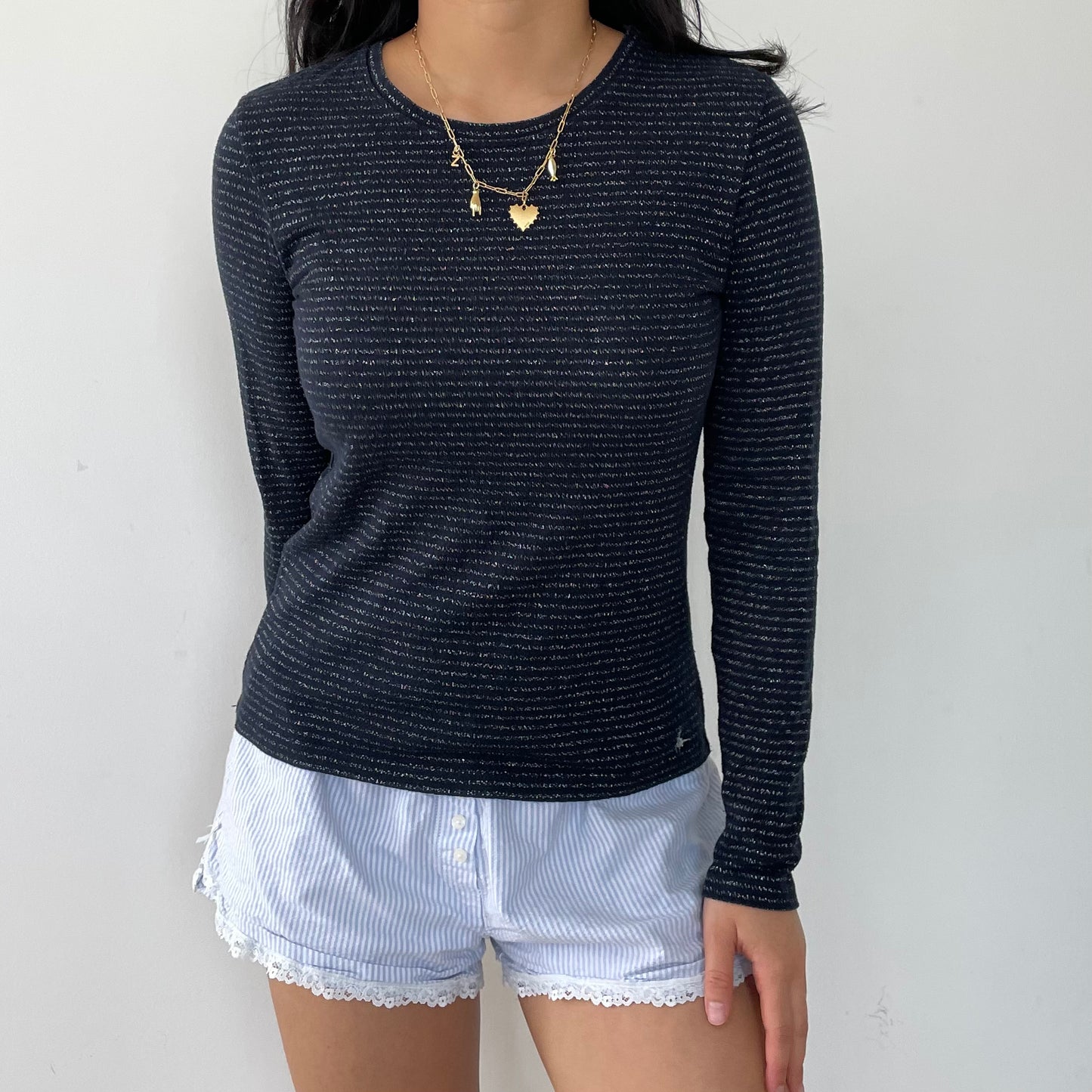 Jack Wills Navy and Silver Metallic Striped Long Sleeve Top - Small