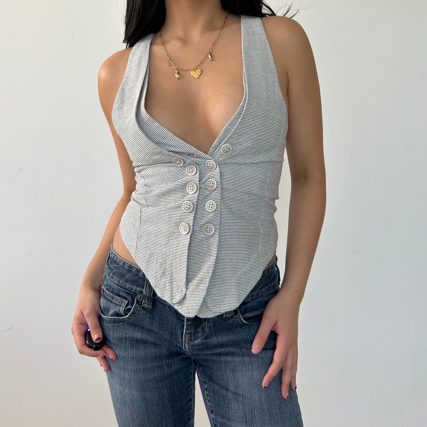 Pinstripe Buttoned Halter Vest - XX-Small