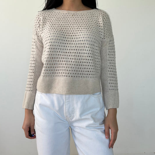 White + Warren Cream Open Knit Cashmere Jumper - Small