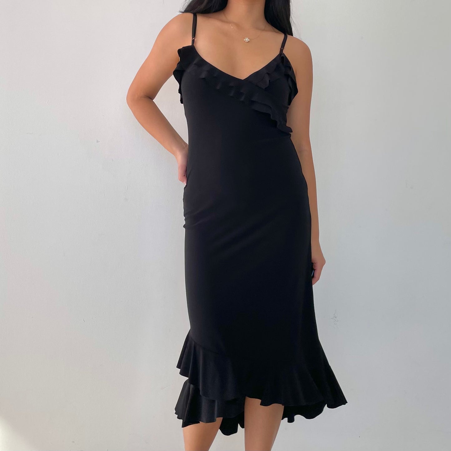 Made in France Black Ruffle Hem Midi Dress - Small