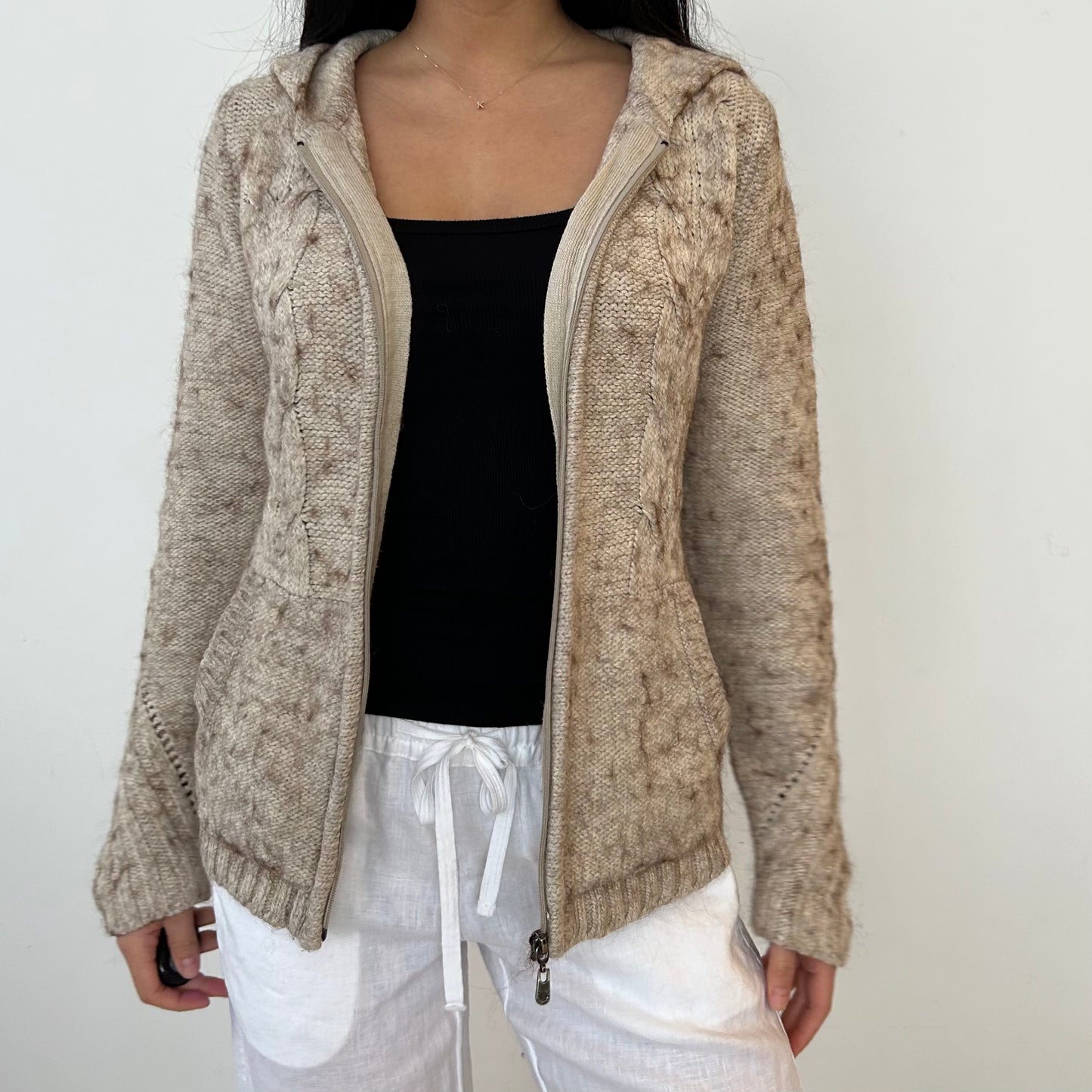 BCBGMAXAZRIA Alpaca Blend Beige Cable-Knit Hooded Cardigan - Small