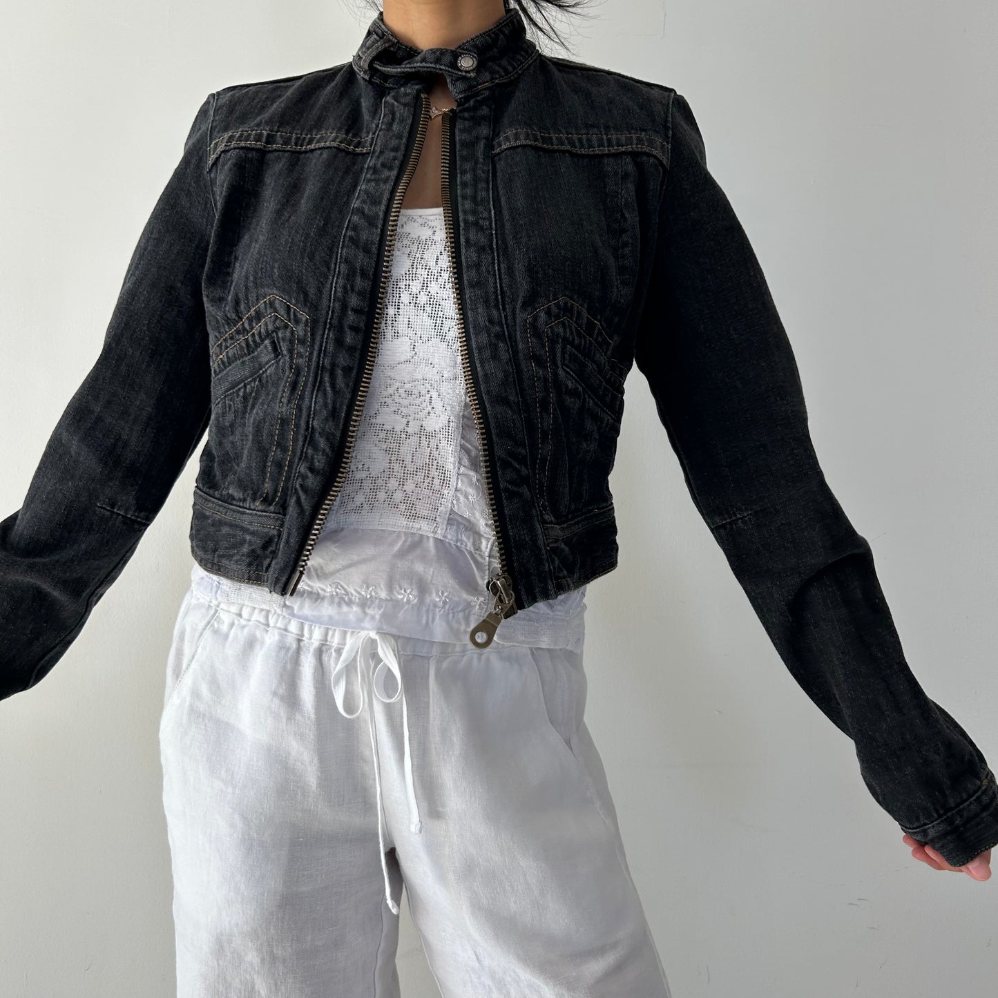Bongo Cropped Denim Moto Jacket - Medium