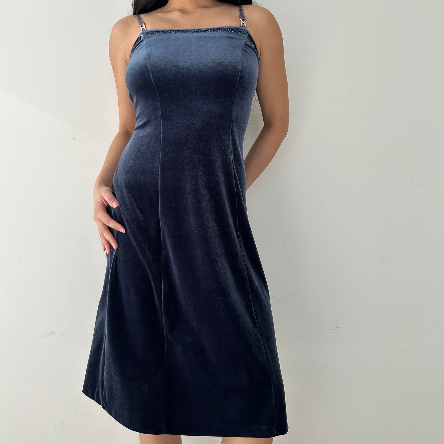 Blue Velvet Midi Dress with Embroidered Straps - X-Small