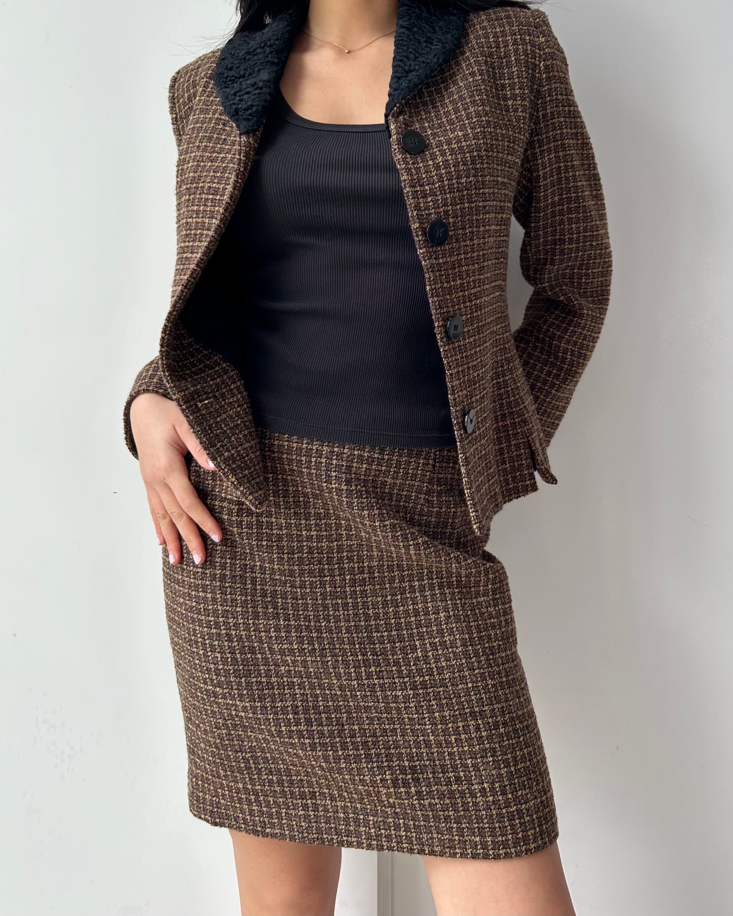 1980s Made in Canada Wool Skirt Suit in Brown Tweed - Small