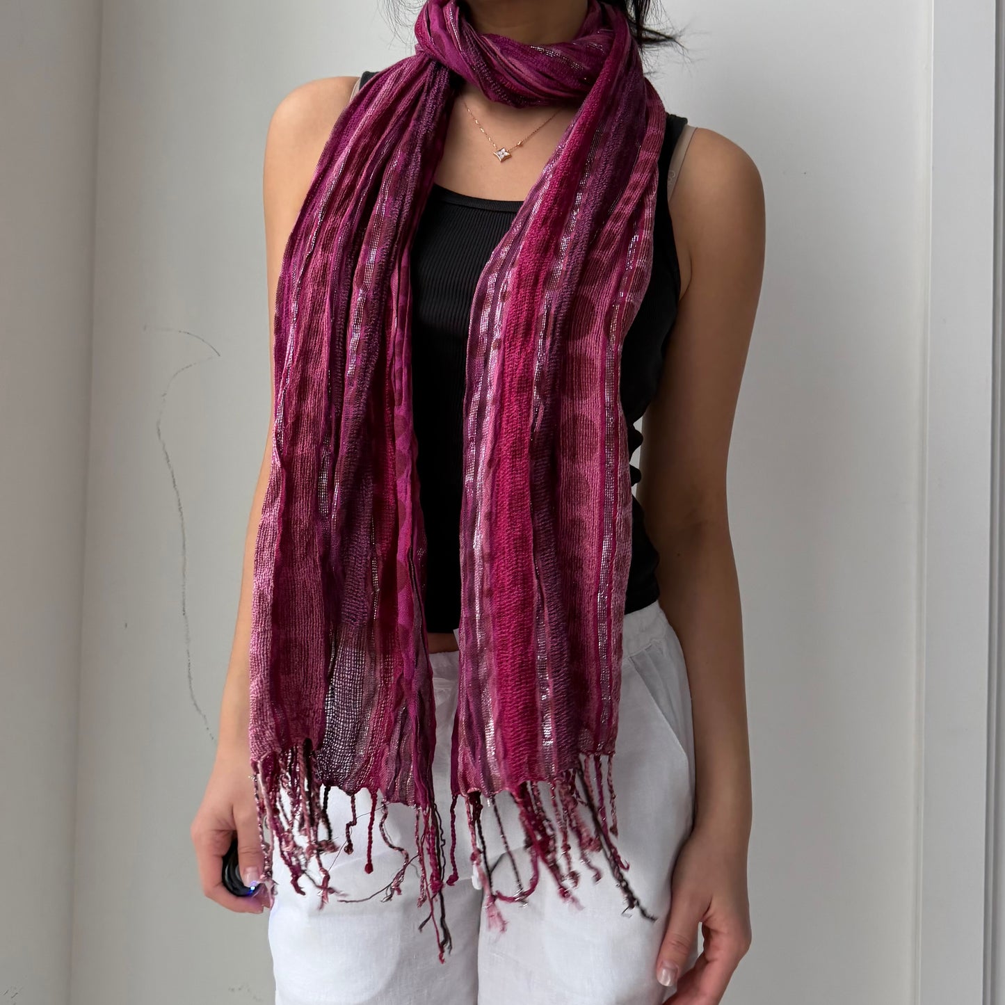 Pink Metallic Striped Skinny Scarf