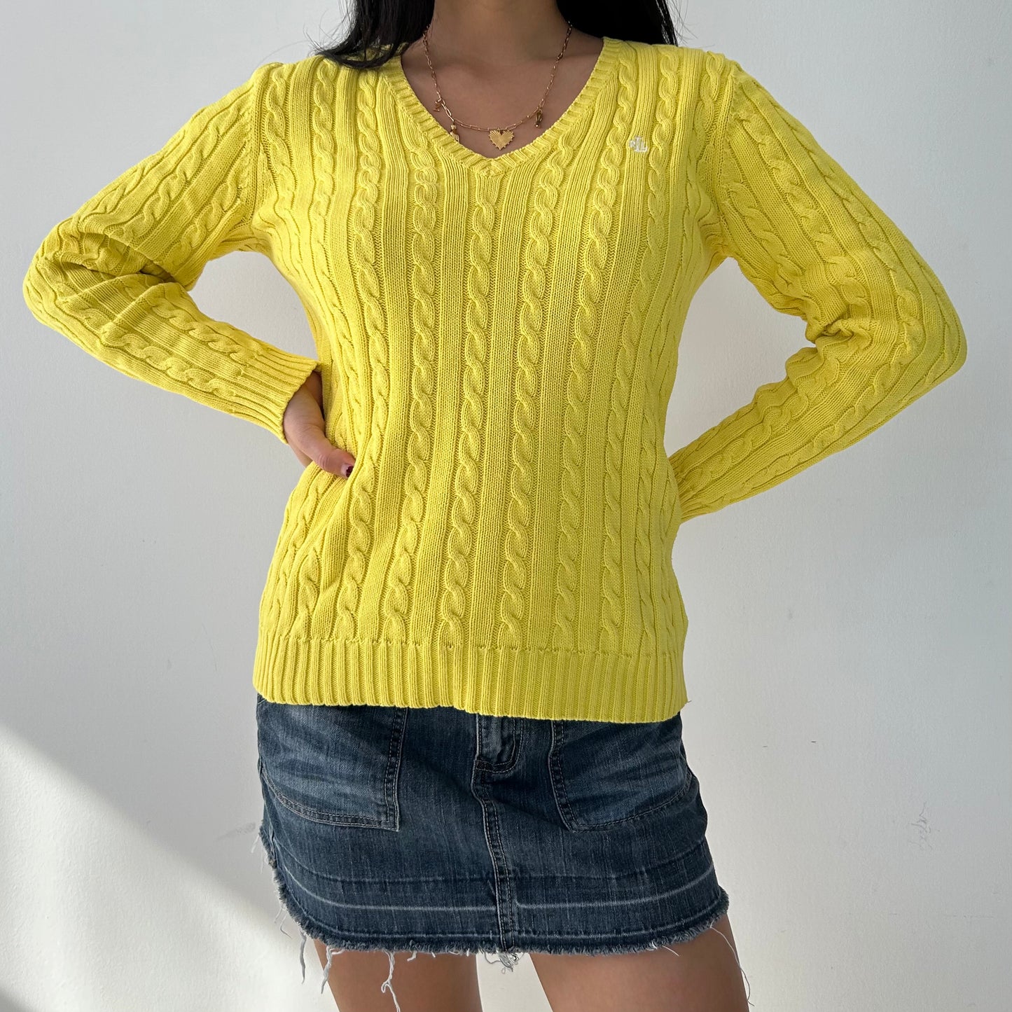 Lauren Ralph Lauren Yellow V-Neck Cable Knit Jumper - X-Small