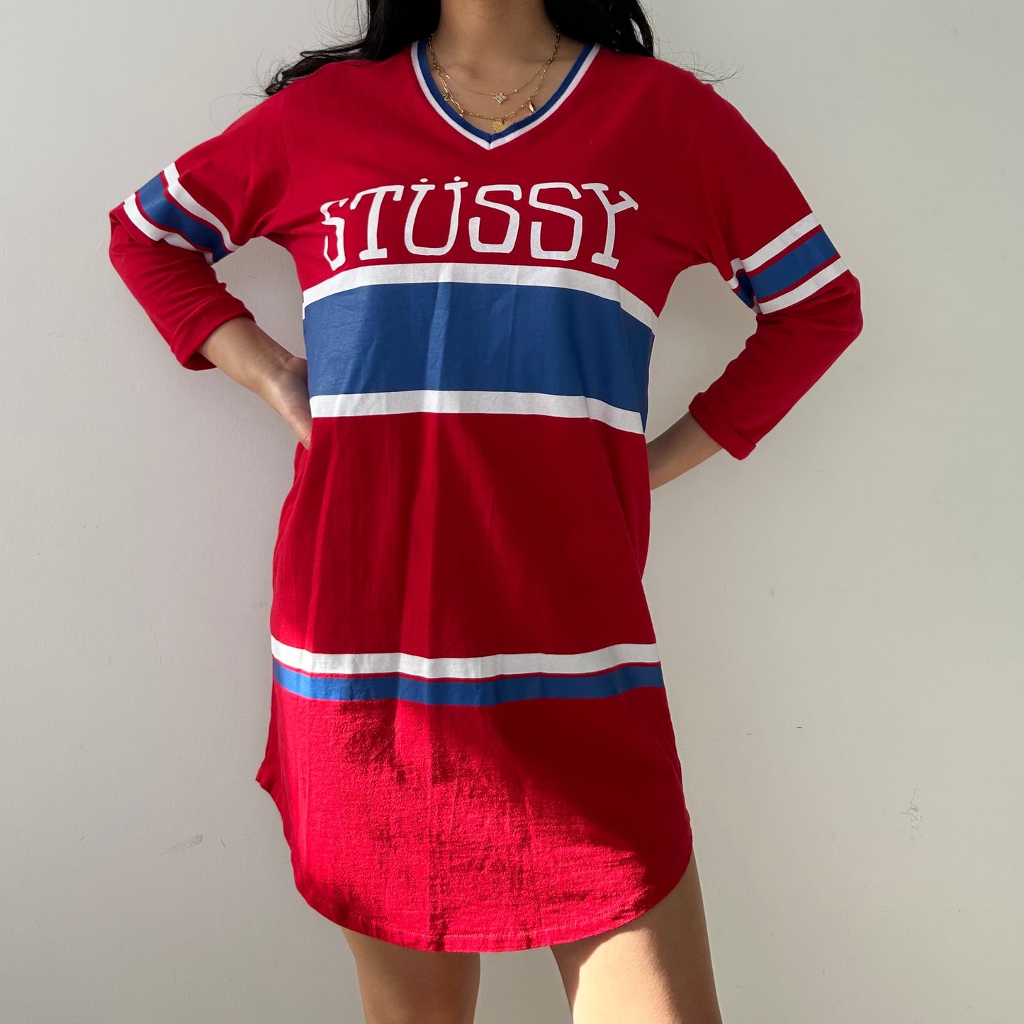 Stüssy Red and Blue Striped Logo T-Shirt Dress -  Small