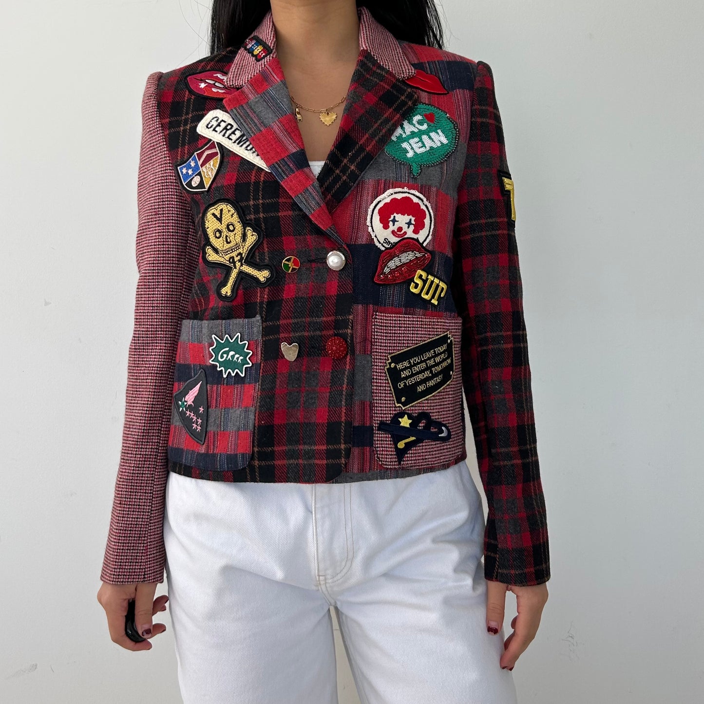 2nd K Red Plaid Patchwork Blazer with Embroidered Patches - Small