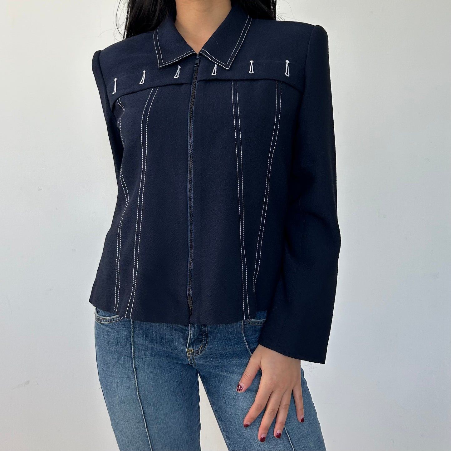 Vintage Navy Shoulder Pad Full-Zip Jacket - Medium